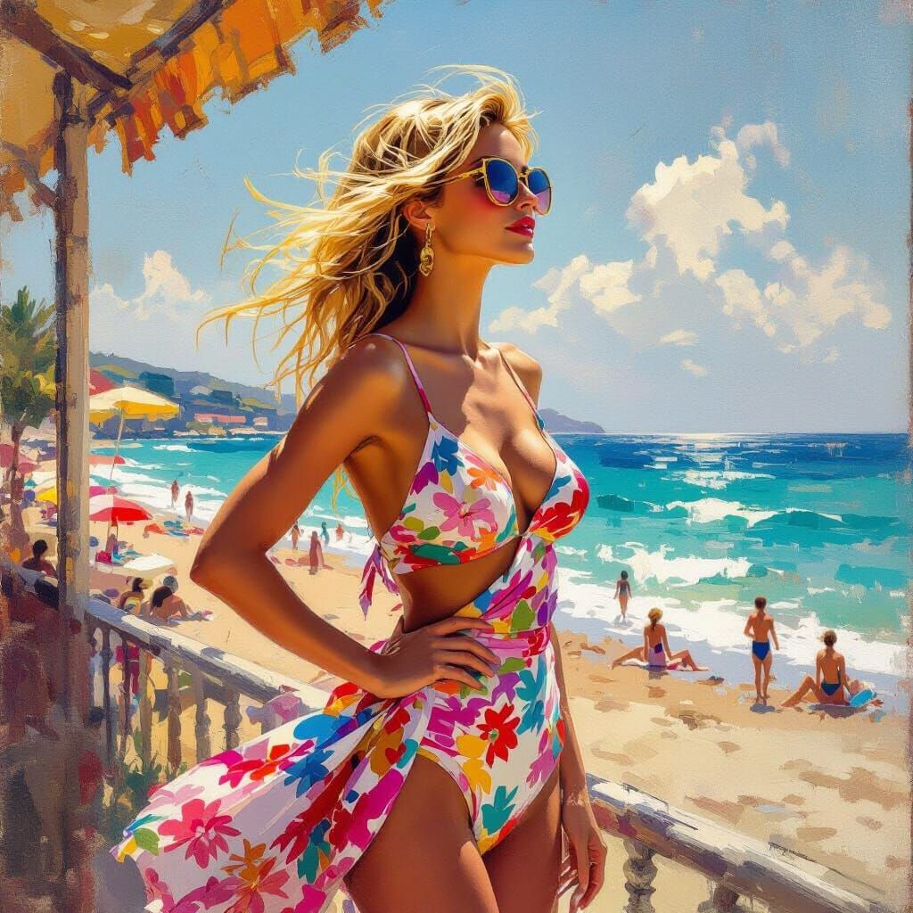 Impressionistic Beach Scene with Blonde Woman
