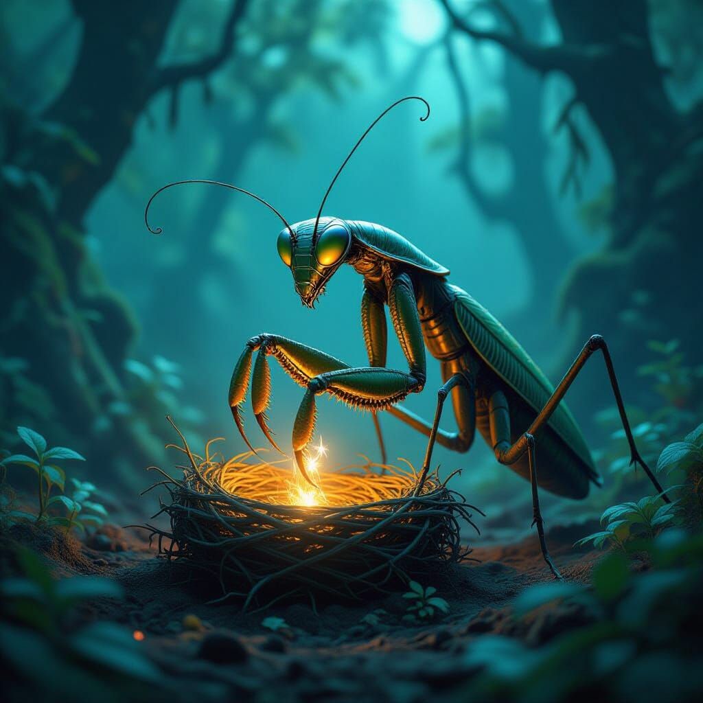 Biomechanical Praying Mantis Nest in Dark Futurism Style