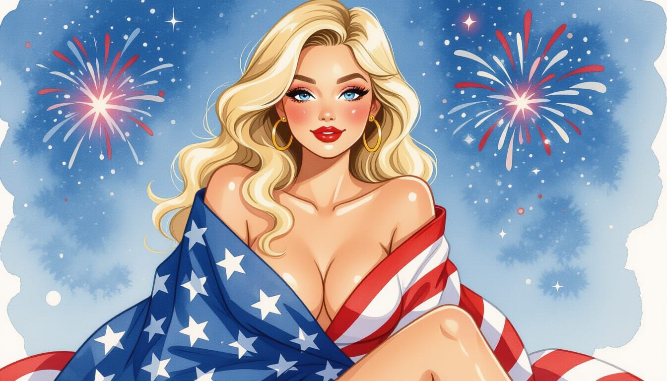 Patriotic Pin-Up: Ink and Watercolor Fashion Sketch