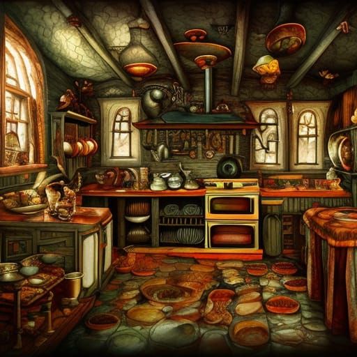 Dragon Furniture in Witch's Kitchen: Gothic Gouache Art