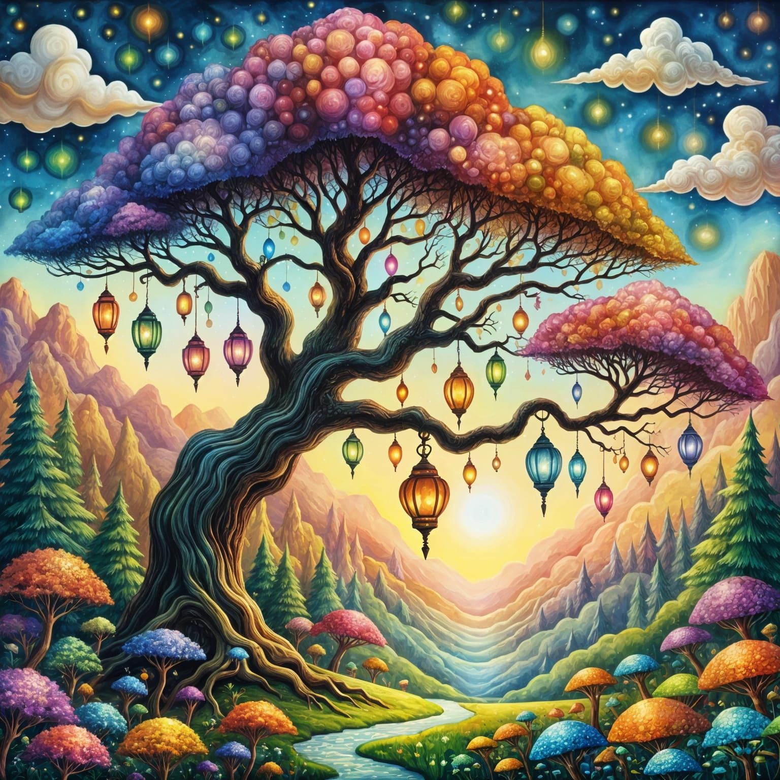 Majestic Golden Tree with Jewel Leaves and Lanterns