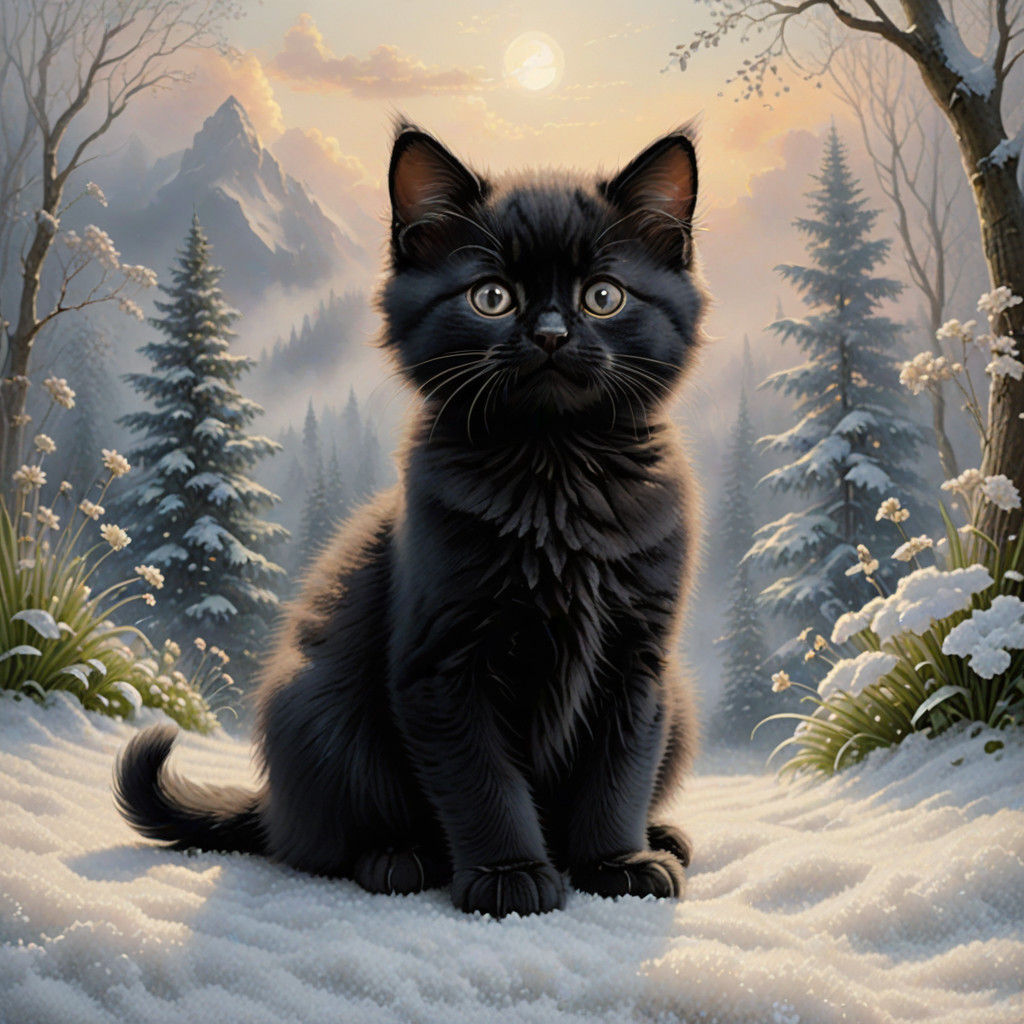 Whimsical Black Kitten sits on Fluffy White Rug