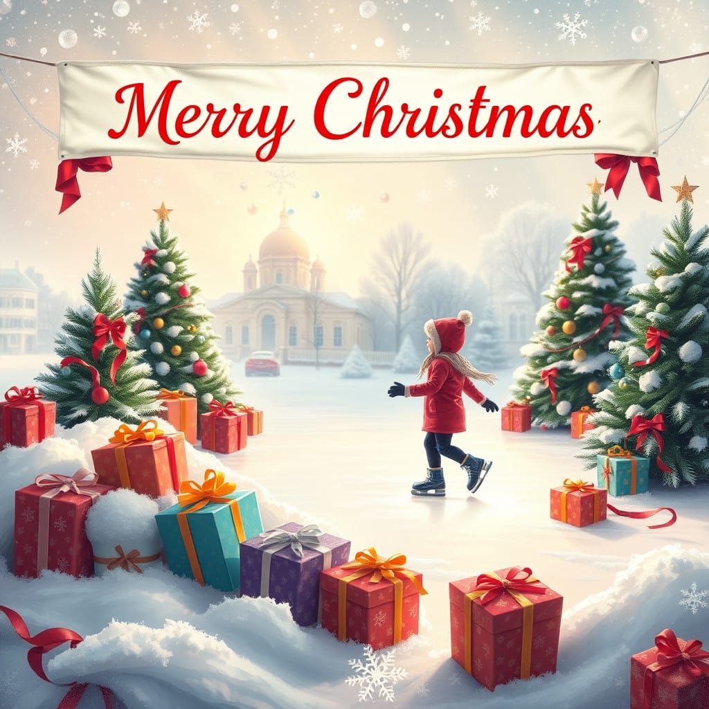 Joyful Winter Wonderland Scene with Children Ice Skating