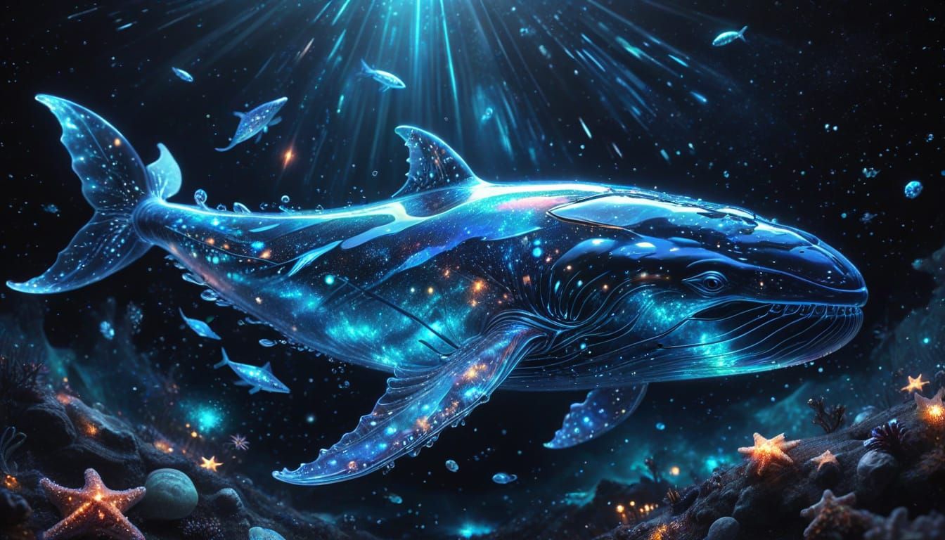 Fantastical Translucent Glass Whale in Space