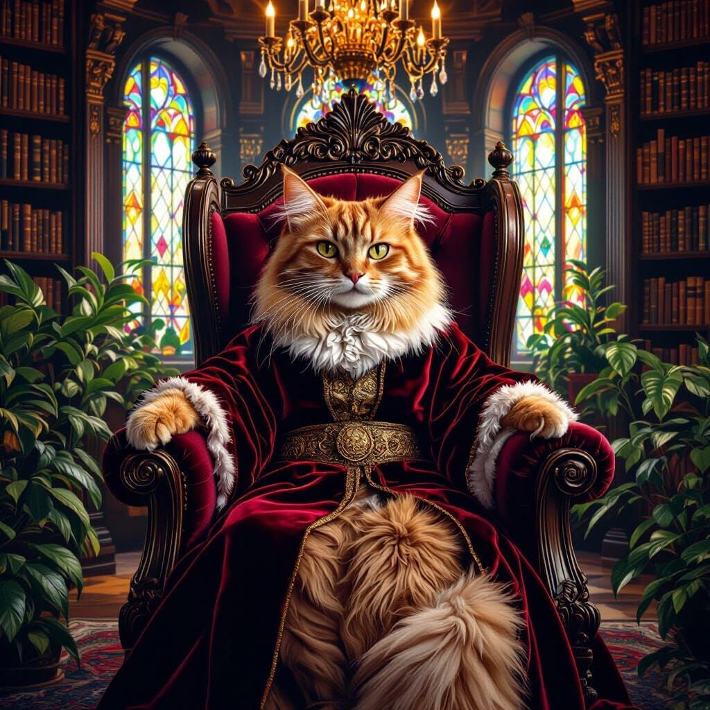 Ginger Cat King on Book Throne in Grand Library
