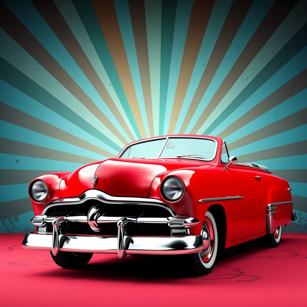 Red 1949 Ford V8 in Surrealist Hyperdetailed Style