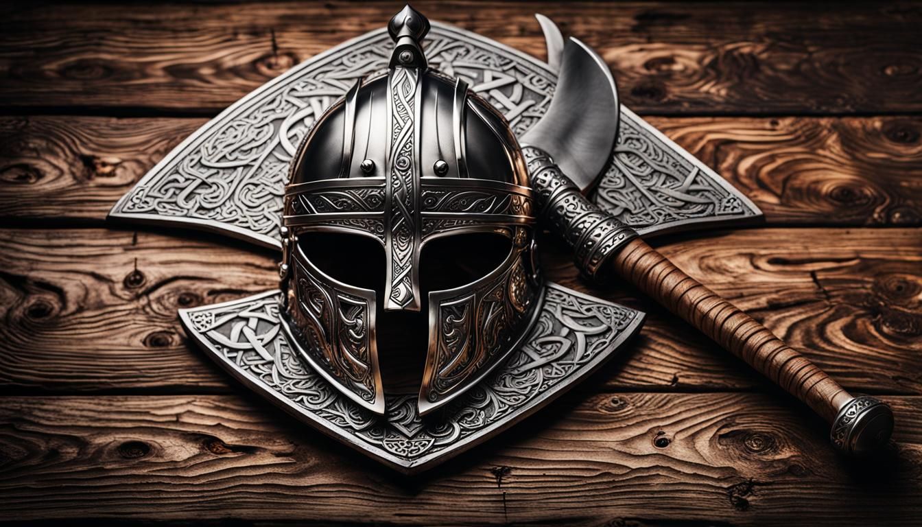 Viking Helmet and Axe on Table, Metallic Scandinavian Artwor...