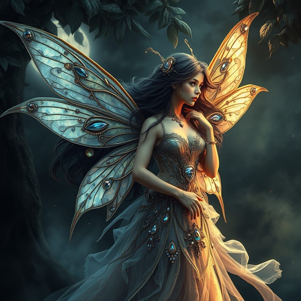 beautiful steampunk fairy with iridescent wings. The backgro...