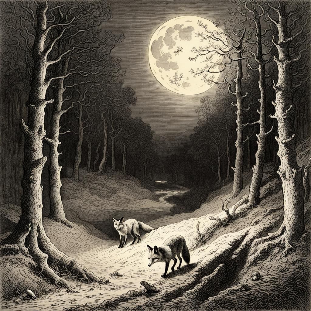 Moonlit Fox in Wooded Glen: Gothic Horror Style
