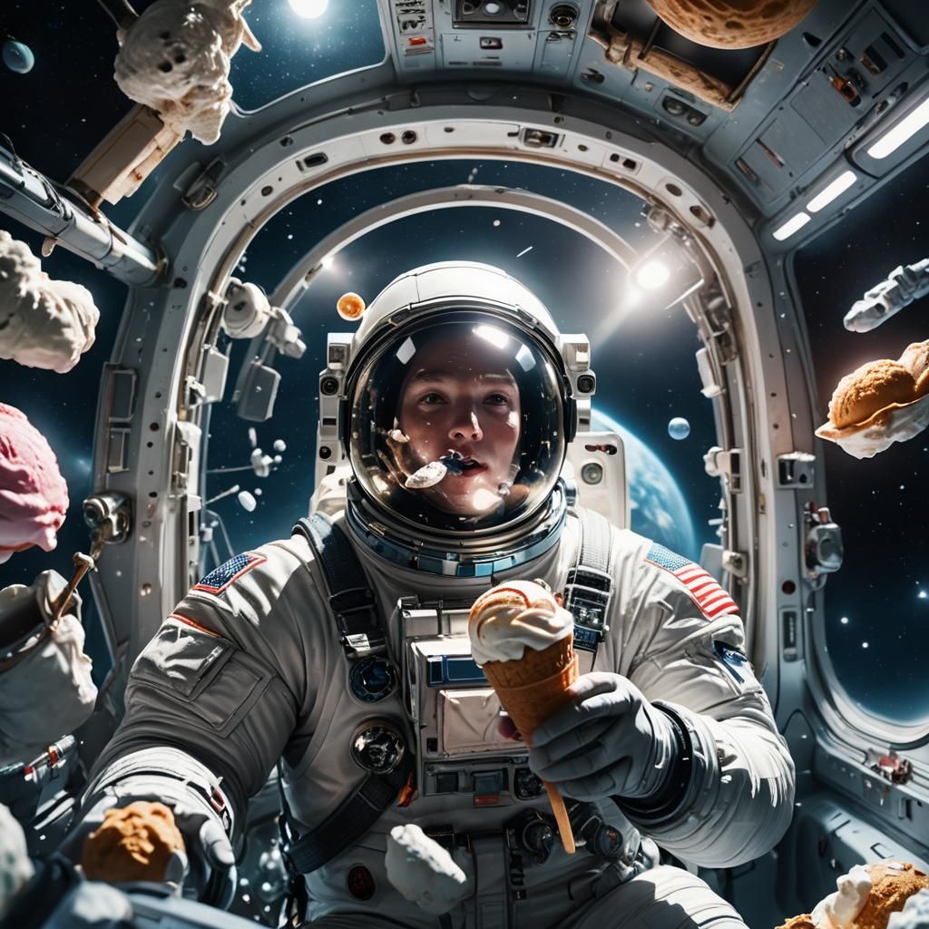 Astronaut Enjoys Ice Cream in Space: Hyper-Realistic Digital...