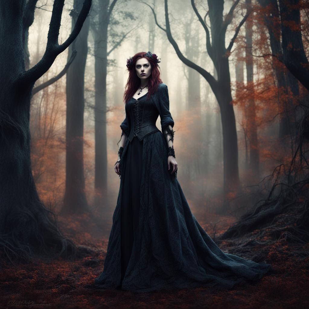 Gothic Woman in the Woods: Detailed Matte Painting