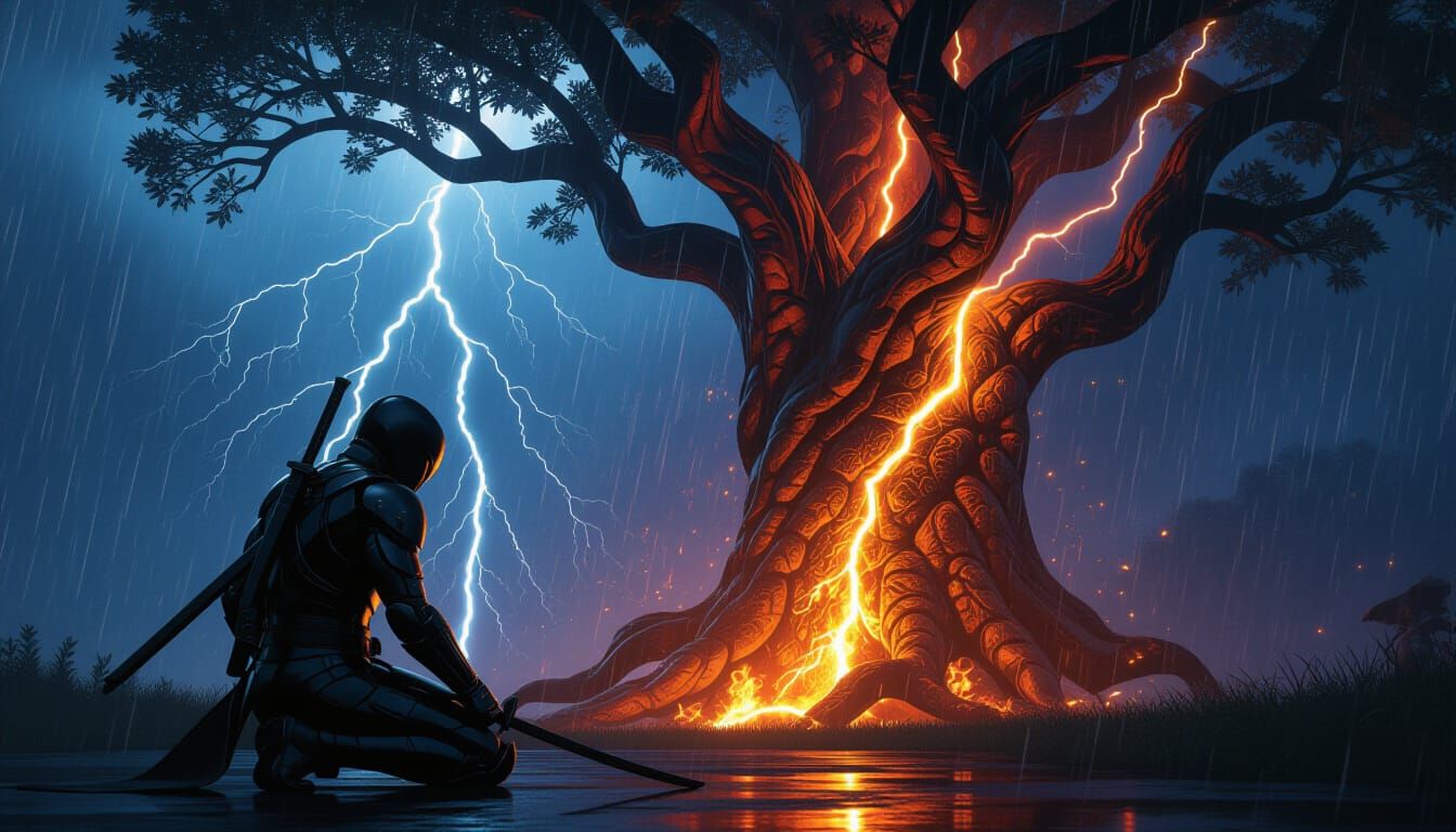 Futuristic Ninja Kneels Before Lightning-Struck Fiery Tree