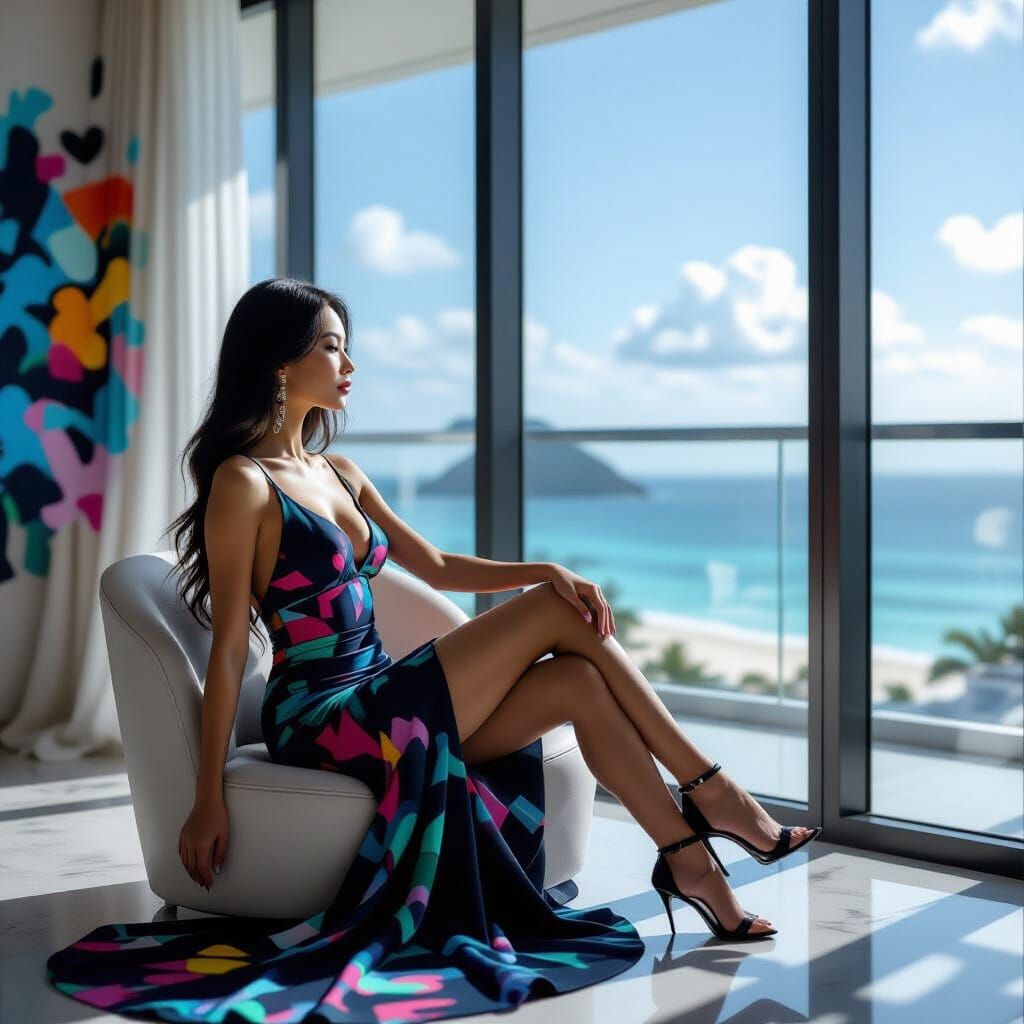 Elegant Woman in Penthouse with Abstract Splash Art