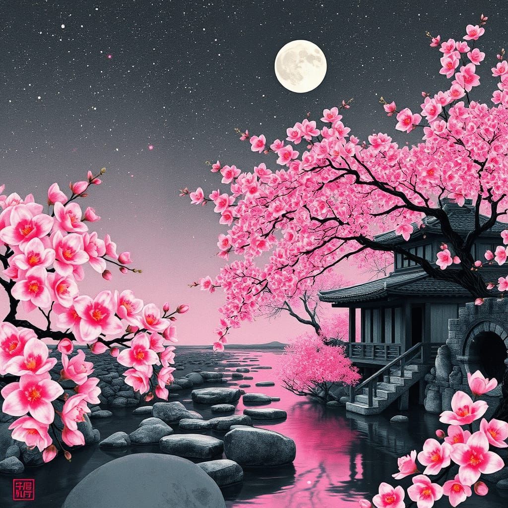 Dreamcore Sakura Village in Japanese Ink Style