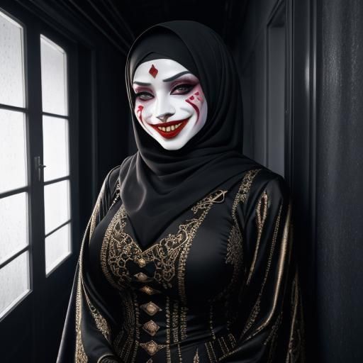 Intricate Hijabi Lady with Clown Mask in 8K