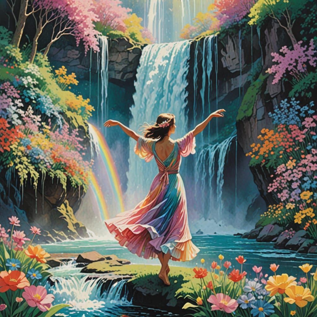 Pastel Rainbow Waterfall Dance in Risograph Style