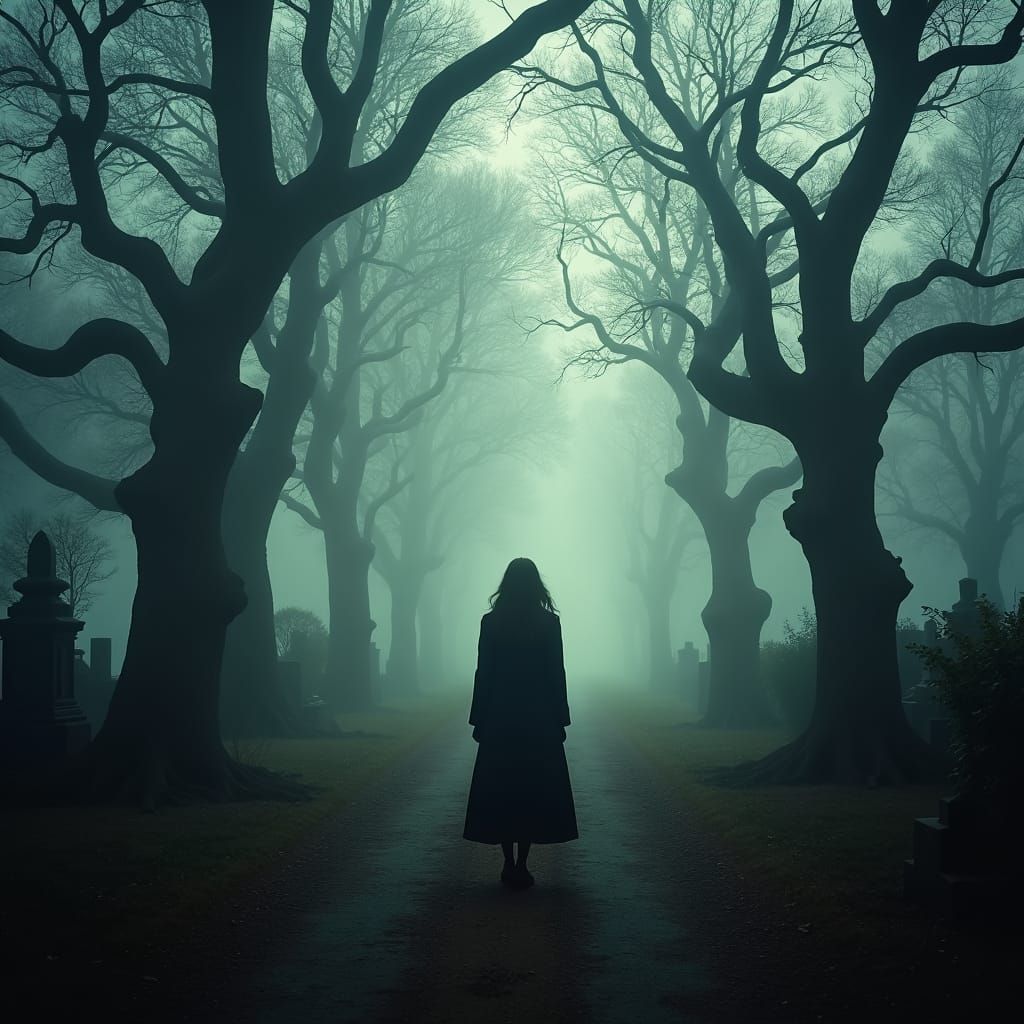 Eerie Woman at Cemetery Crossroads in Gothic Horror Style
