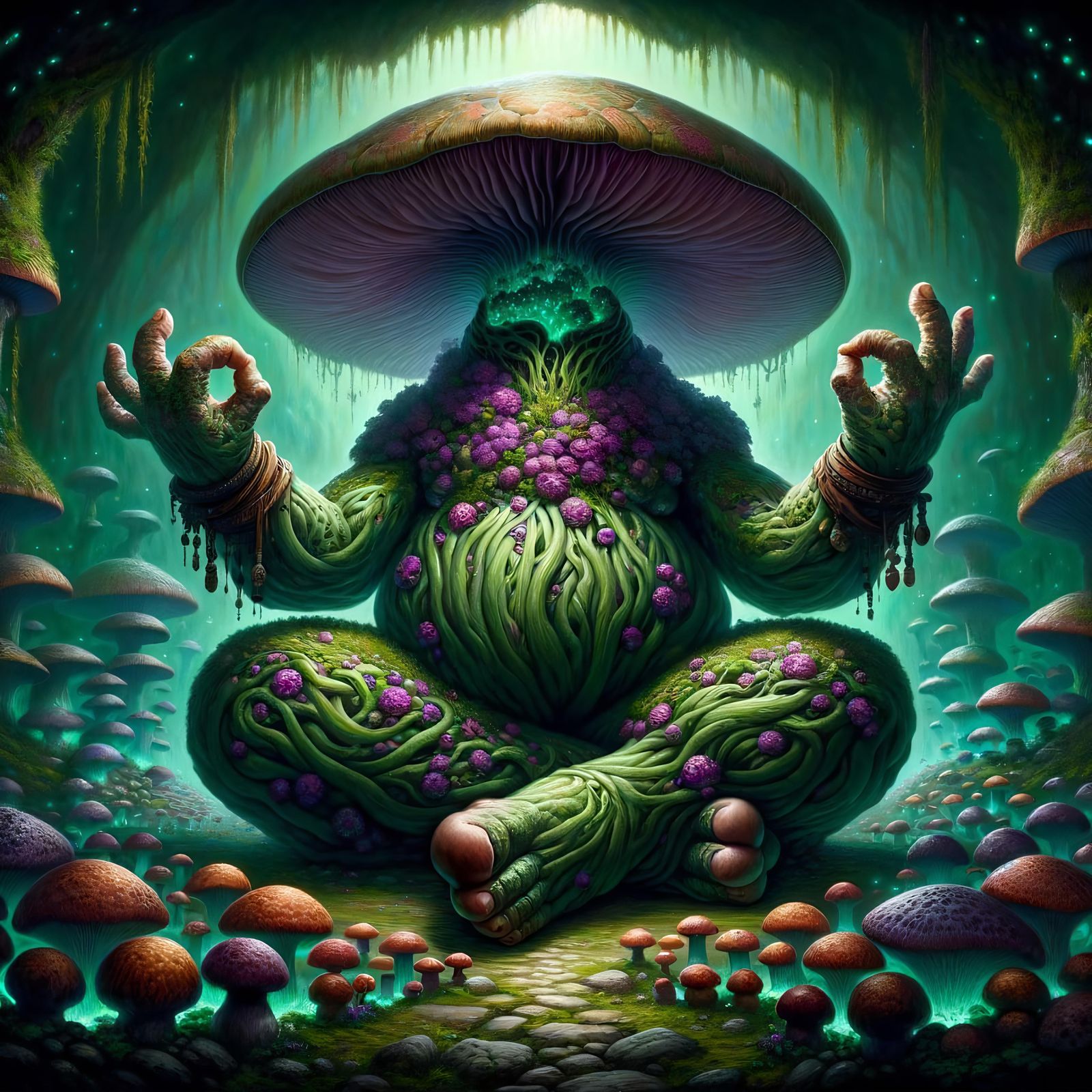 Epic Fantasy Myconid Circle Leader in Bioluminescent Cave