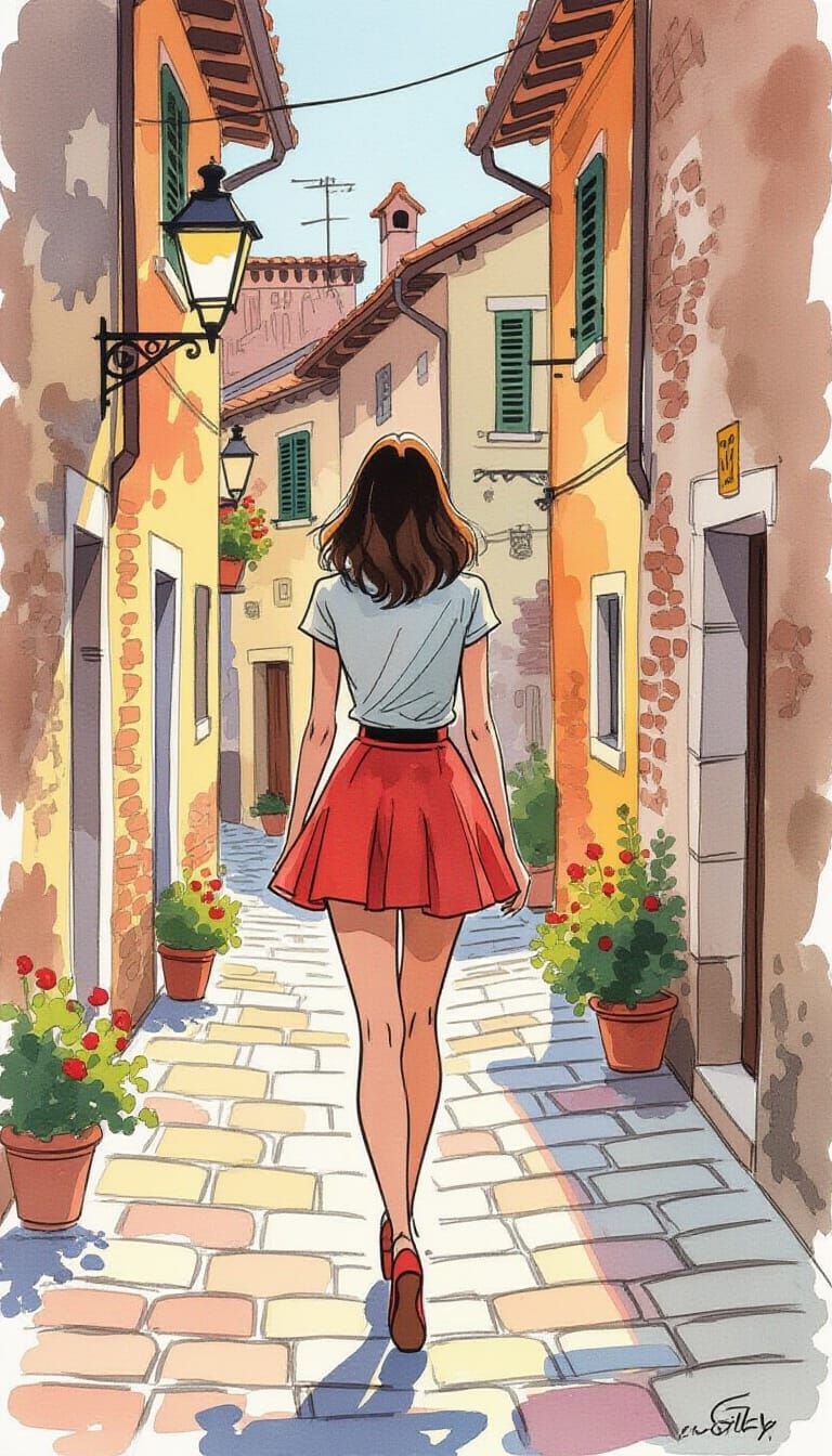 Tall Woman Sally Walks Through Old Town in Watercolor Style