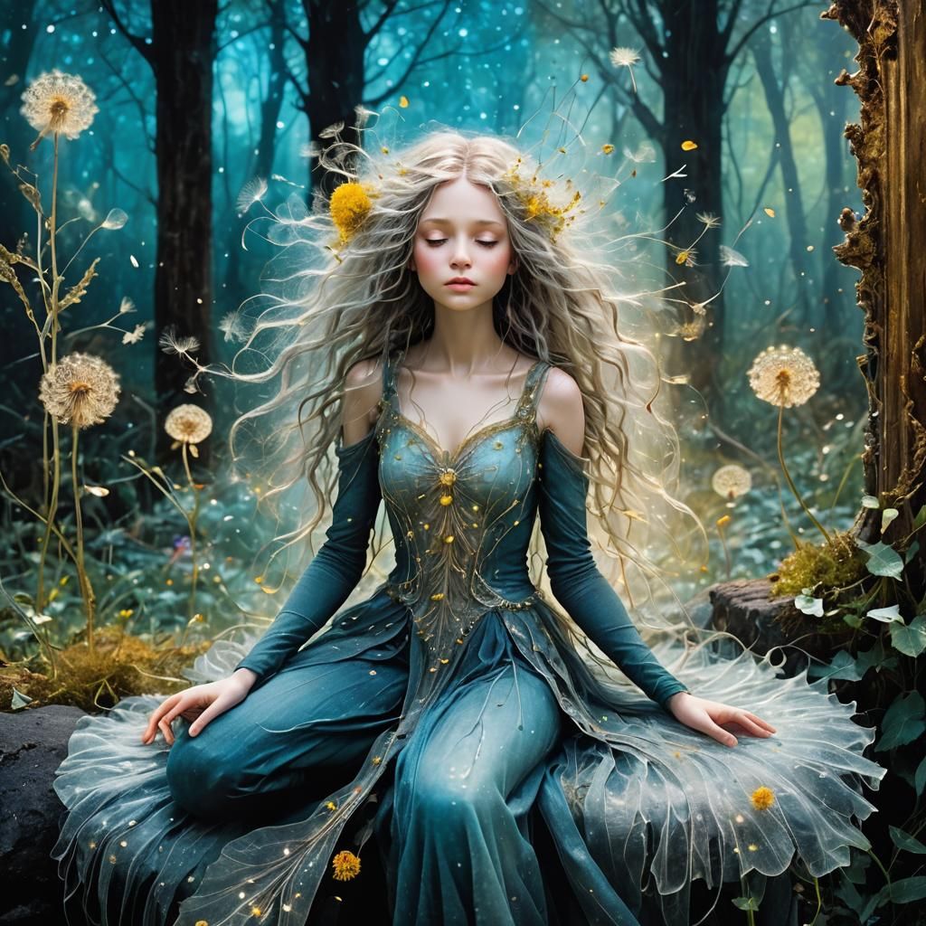 Ethereal Fairy Girl with Titmouse, Dreamlike Art