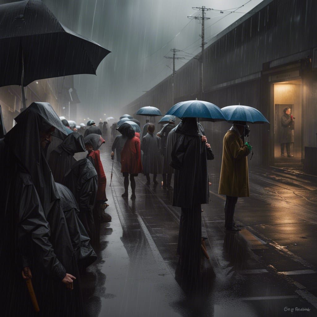 People Sheltering from Rain in Sinister, Vivid Style