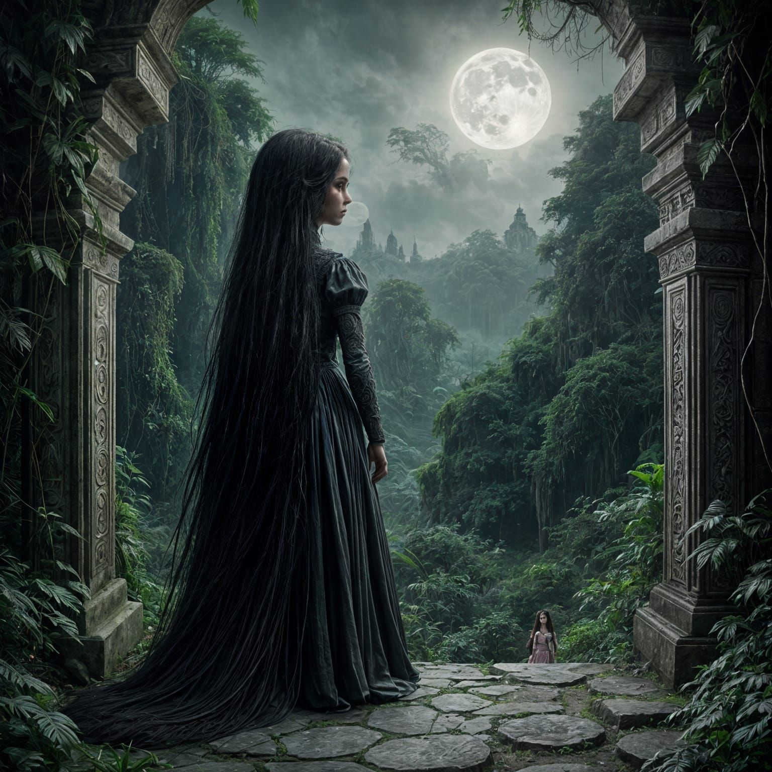 Haunting Doll at Jungle Temple Ruin in Moonlight