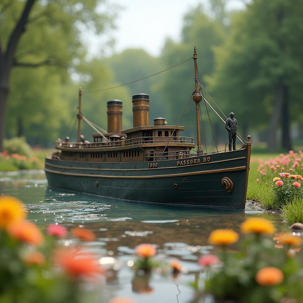 Bronze Passenger Ship Statue in Park, Fantasy Art