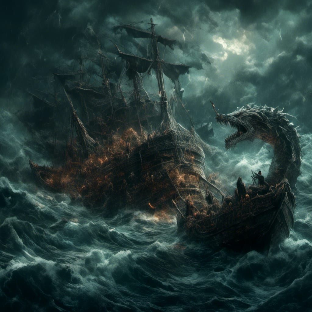 Monstrous Hydra Attacks Longboat in Stormy Sea