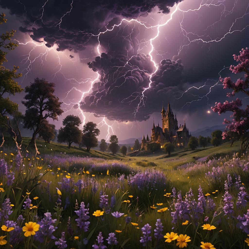 Lightning Storm over Flower Meadow in Dark Fantasy Style