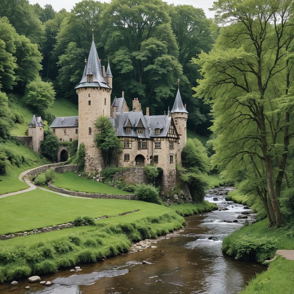 Picturesque Castle Beside a Peaceful Stream