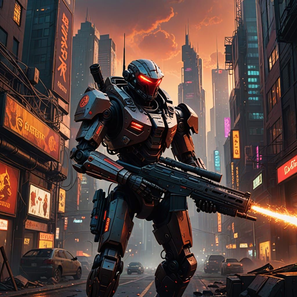 Cyberpunk Robot Dominates Dystopian Metropolis at Sunset