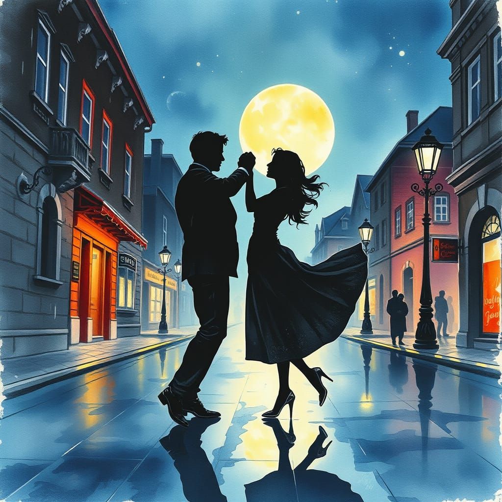 Romantic Couple Dancing Silhouettes in Watercolor Style