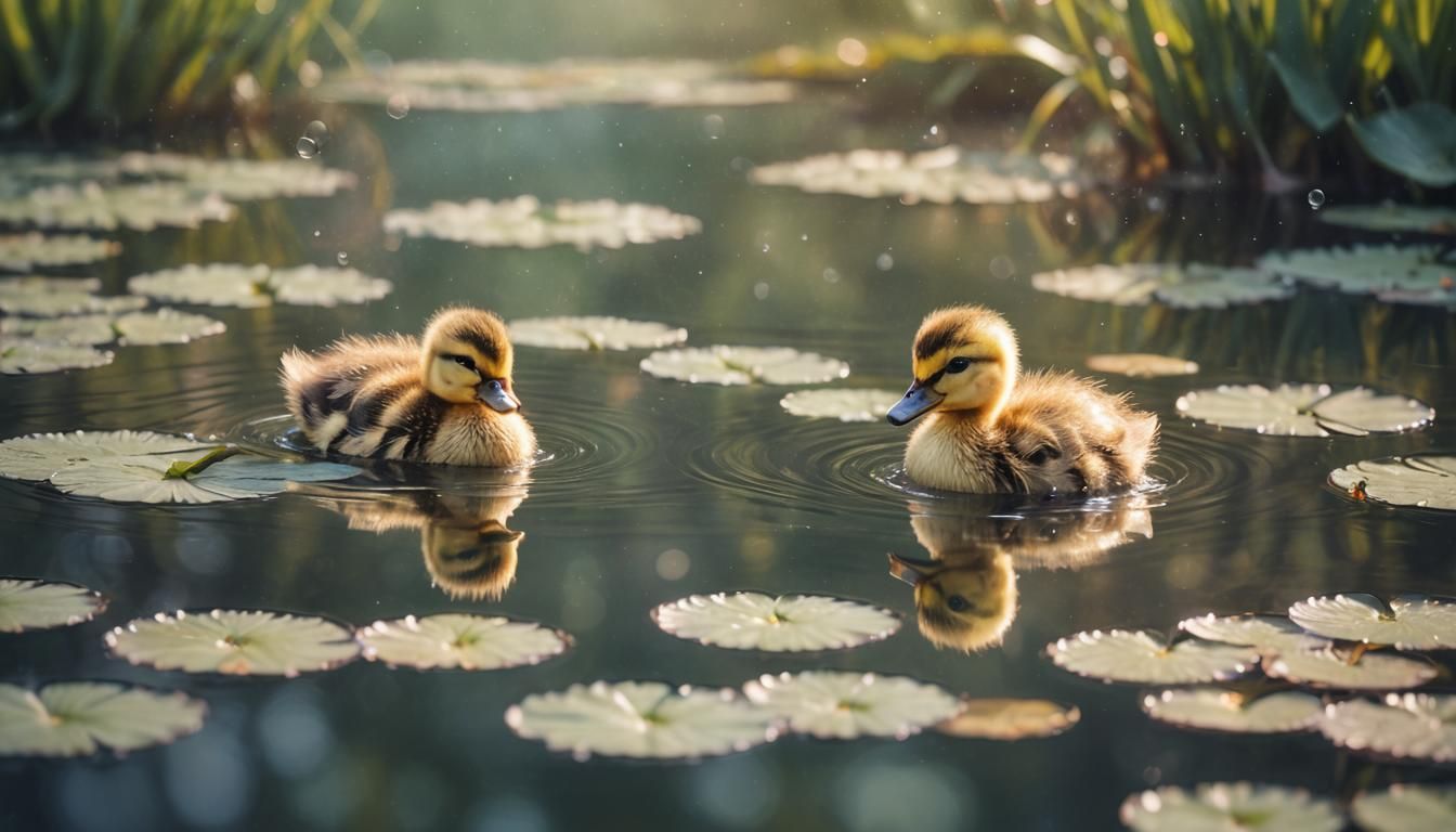 Sweet Duckling in Pond with Watercolor Textures