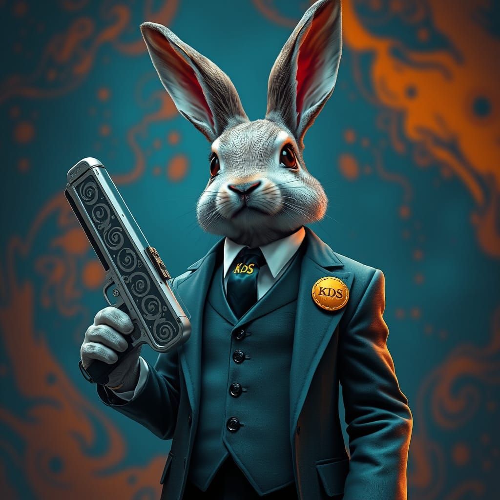 Anthropomorphic Bunny in Futuristic Suit Holding Futuristic ...