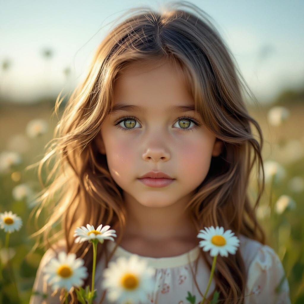 Girl in Daisy Field with Art Nouveau Elegance