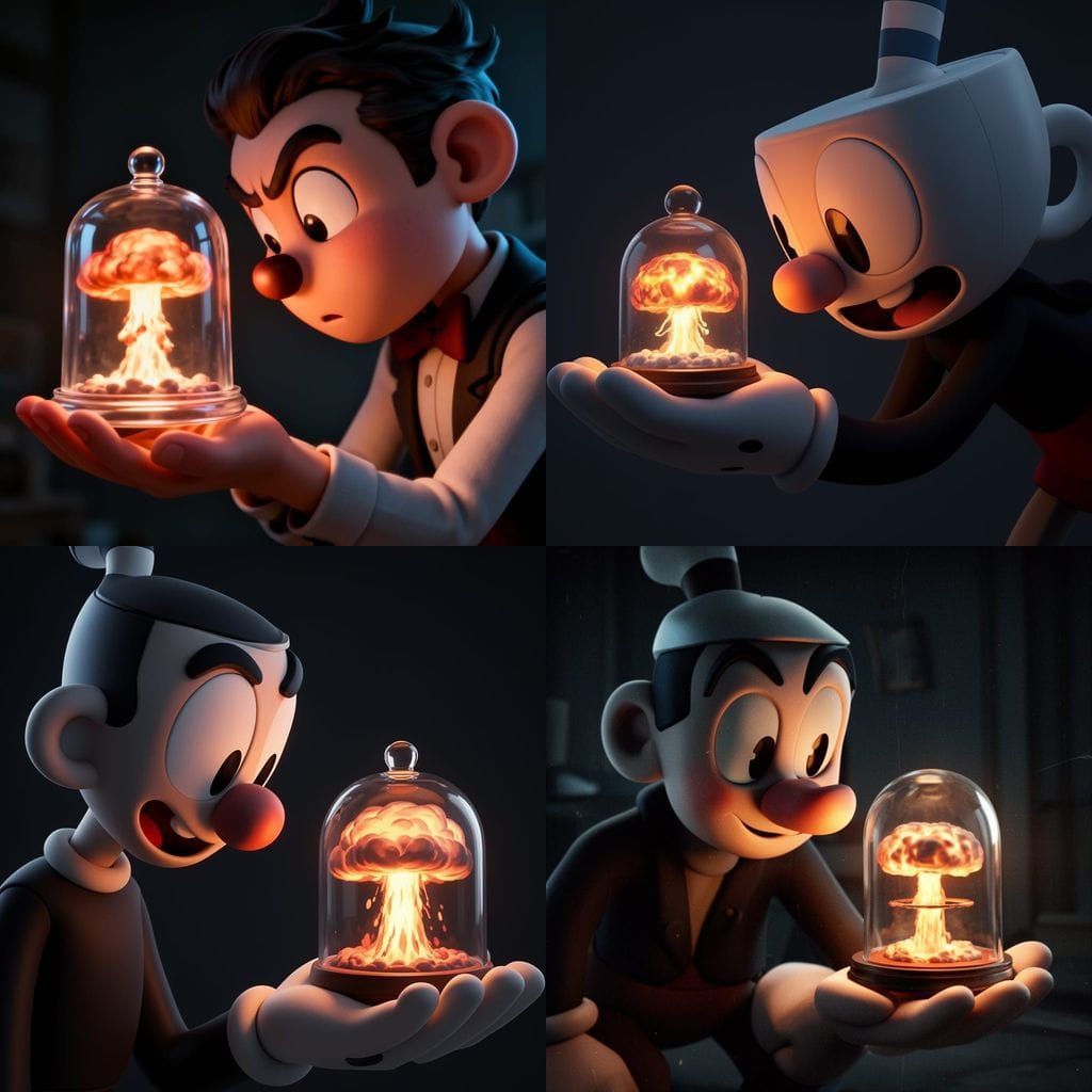 Vintage Rubberhose Character Peering at Nuclear Explosion