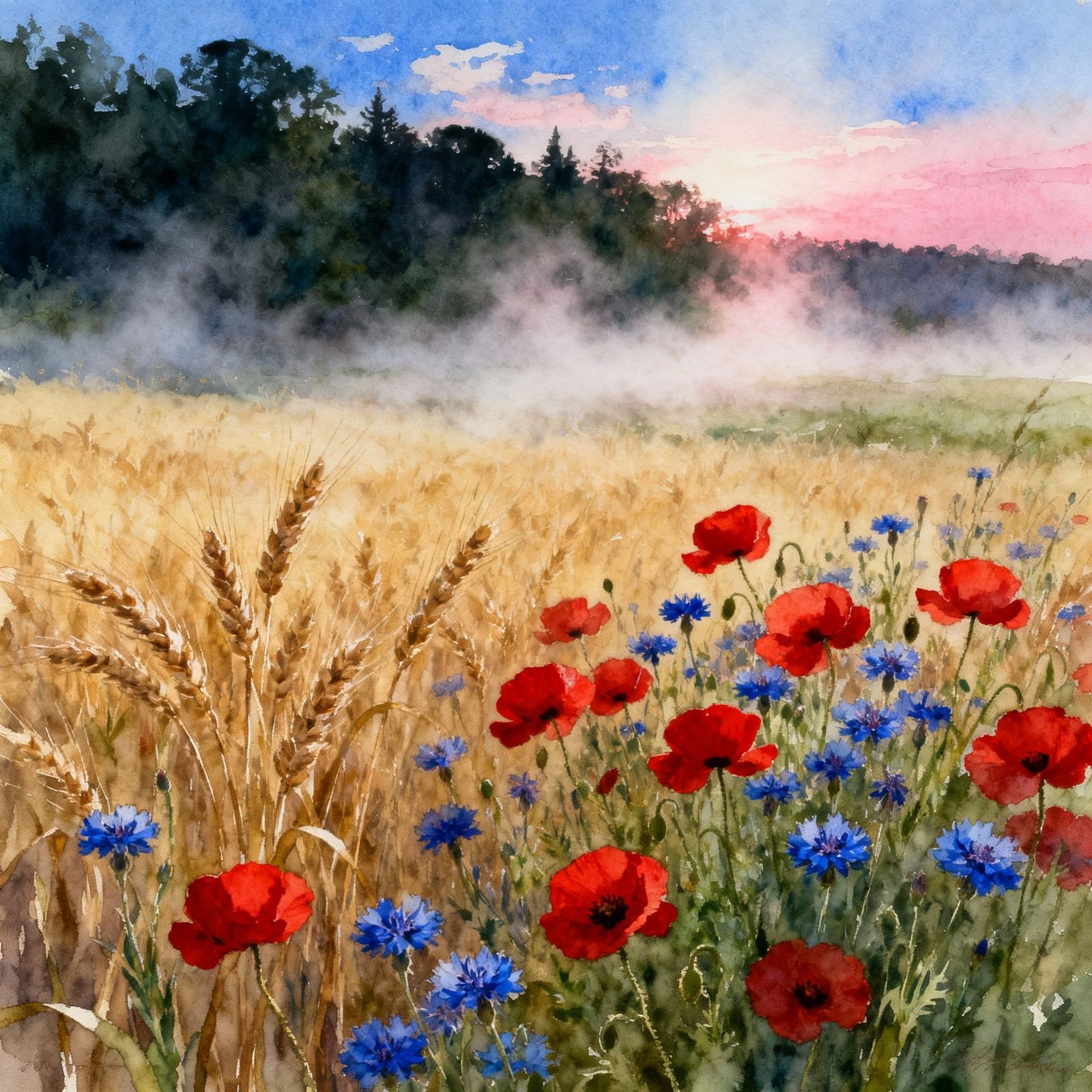 Vibrant Watercolor Sunrise Landscape with Poppies and Cornfl...