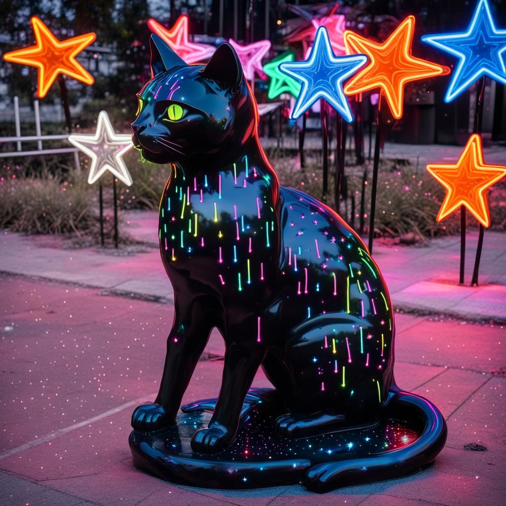 Black Cat Statue Vomiting Neon Stars