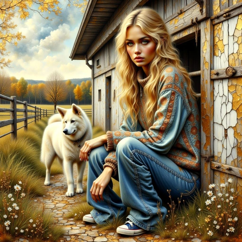 Sassy Woman with Dog in Minnesota, as Oil Painting