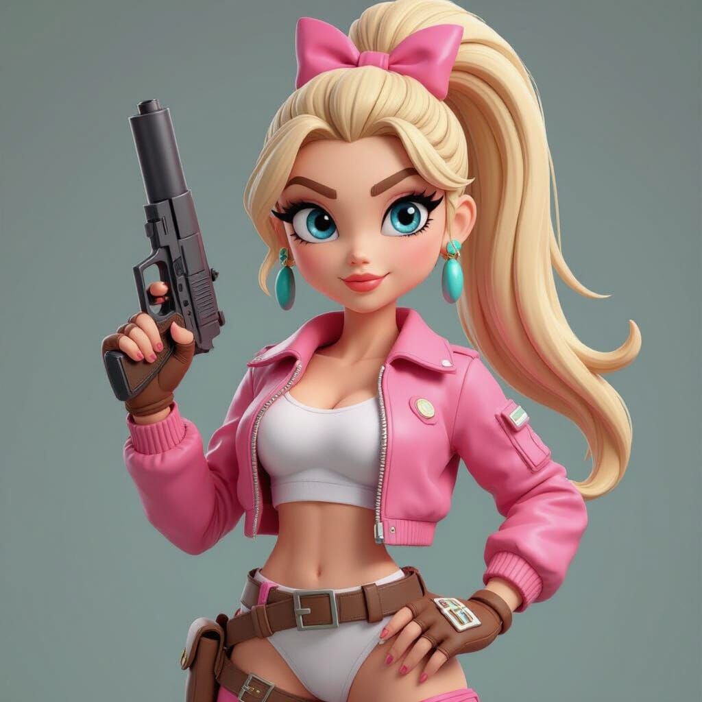 Confident Cartoon Woman with Pistol in 3D Style