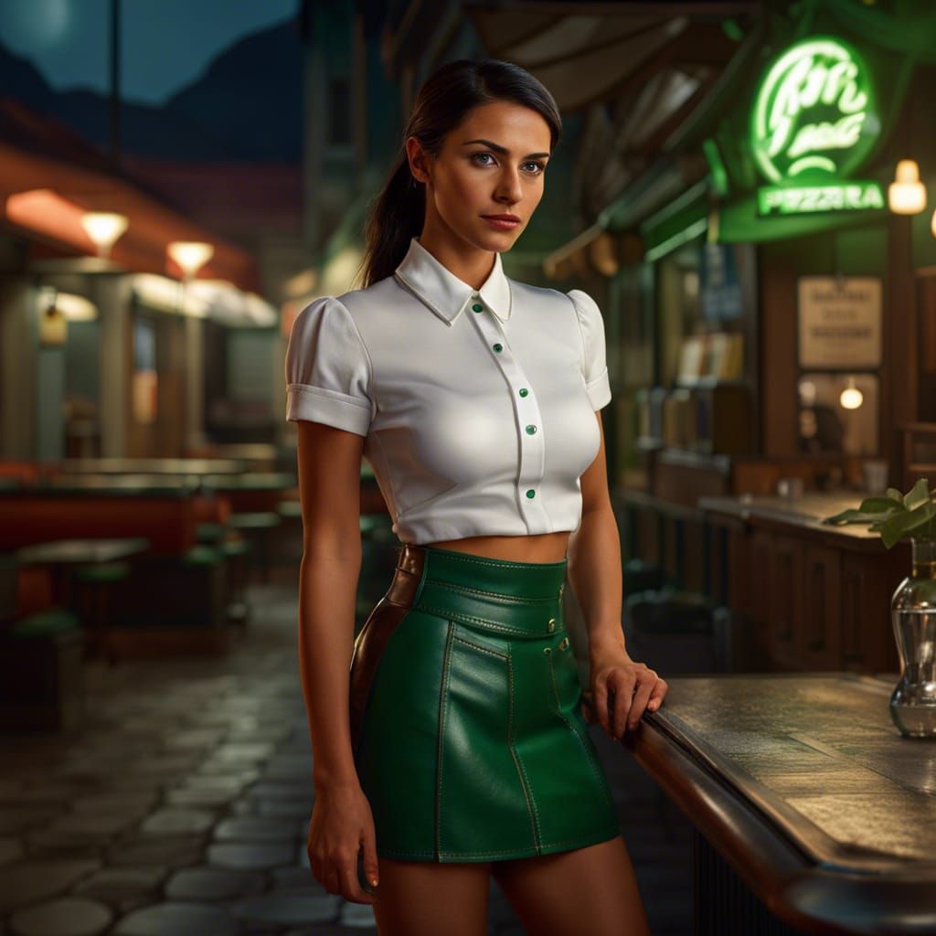 Italian Pizzeria Waitress: Hyperrealistic Night Portrait
