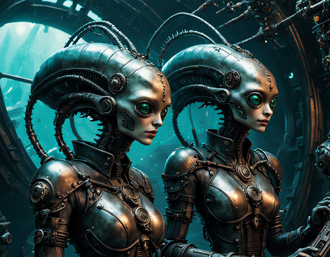 Cyberpunk Figures Submerged in Aqua Environment