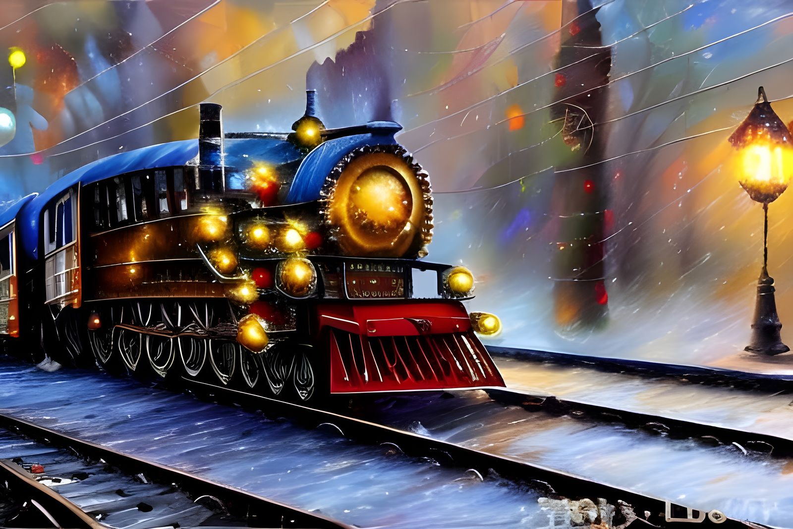 Christmas Train Engine in Impressionistic Style