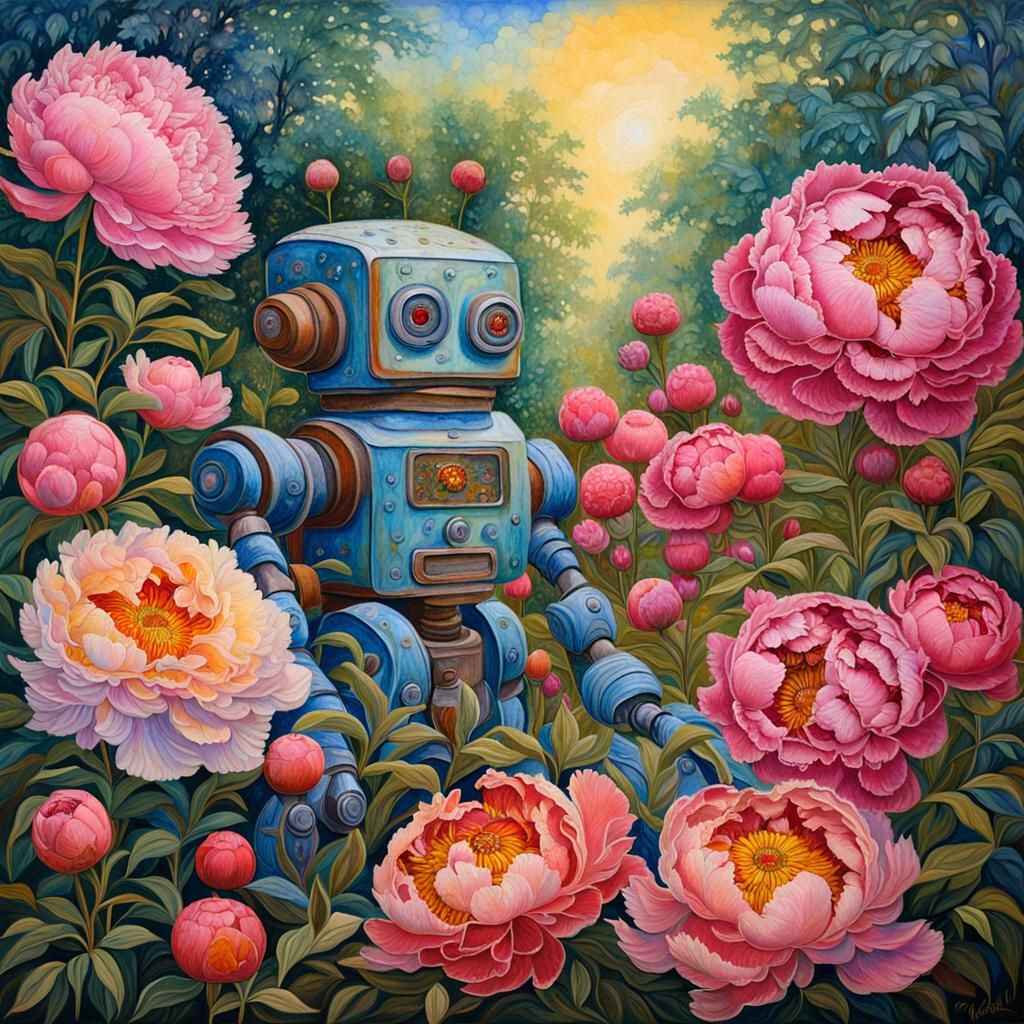Robot Gardener Tending Peonies in Oil Gouache