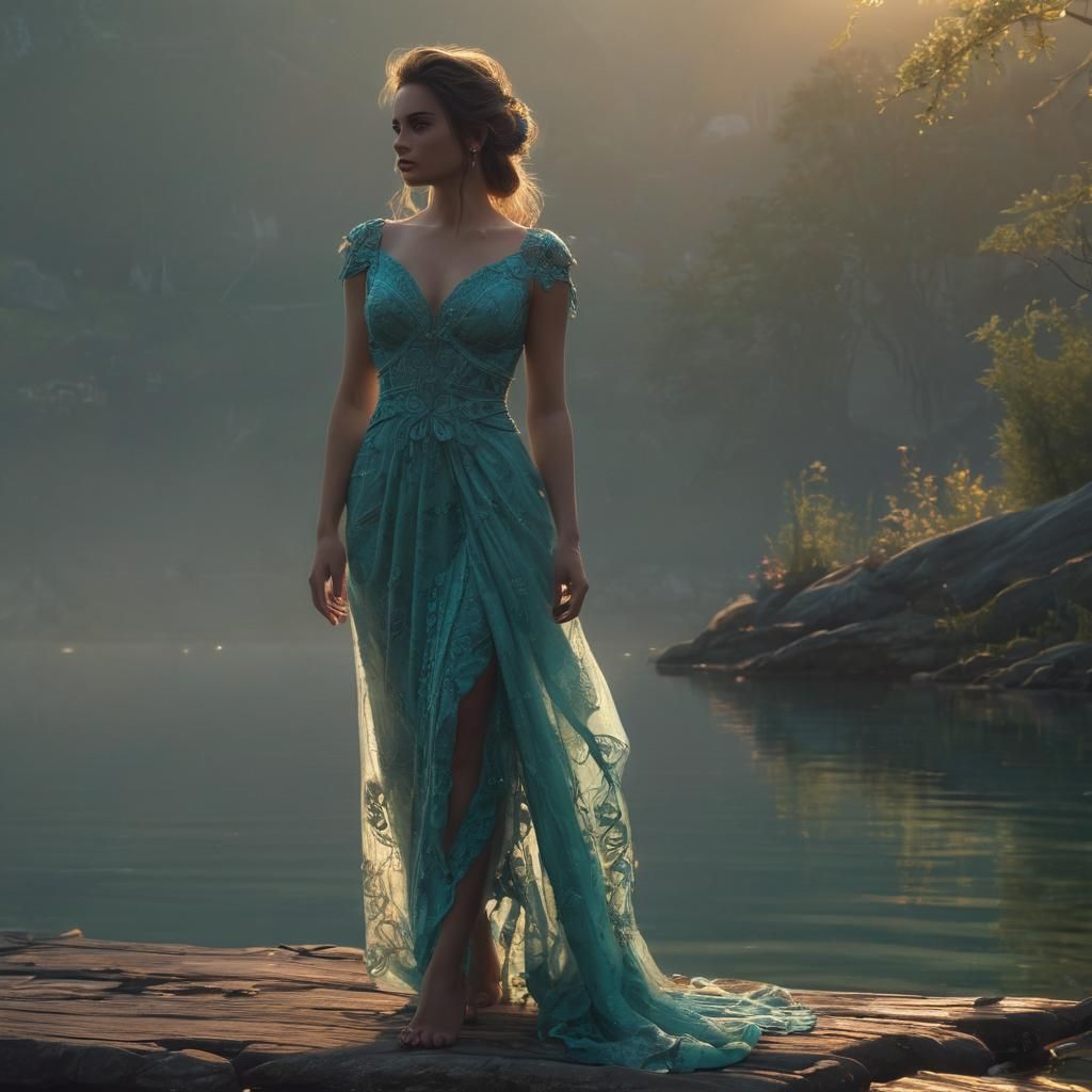 Luminescent Woman in Turquoise Dress by Lake