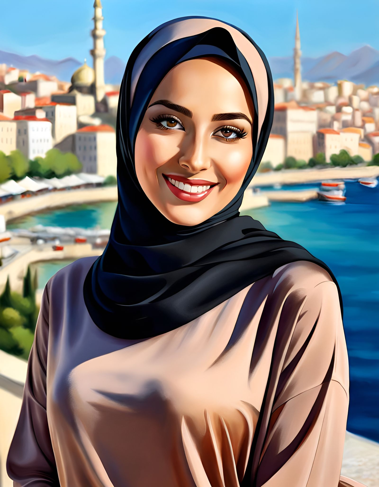 Elegant Young Woman in Hijab Oil Painting