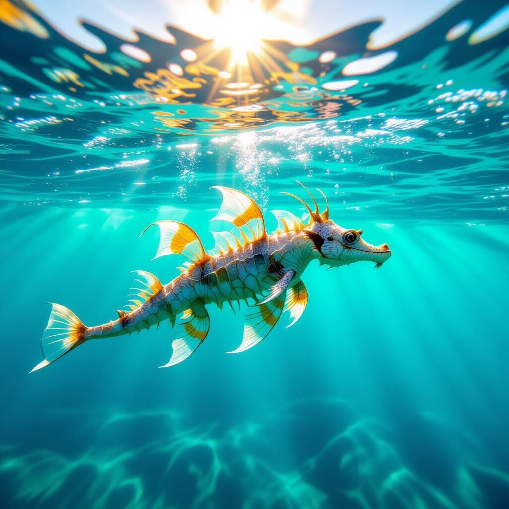 Photorealistic Sea Dragon Swimming in Turquoise Sea