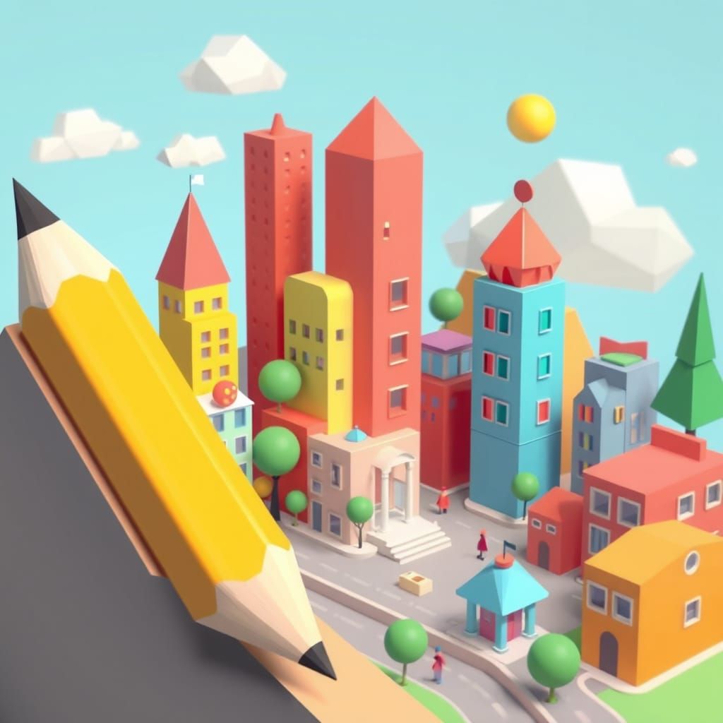 Low-Poly Cityscape of Geometric Pencil Buildings