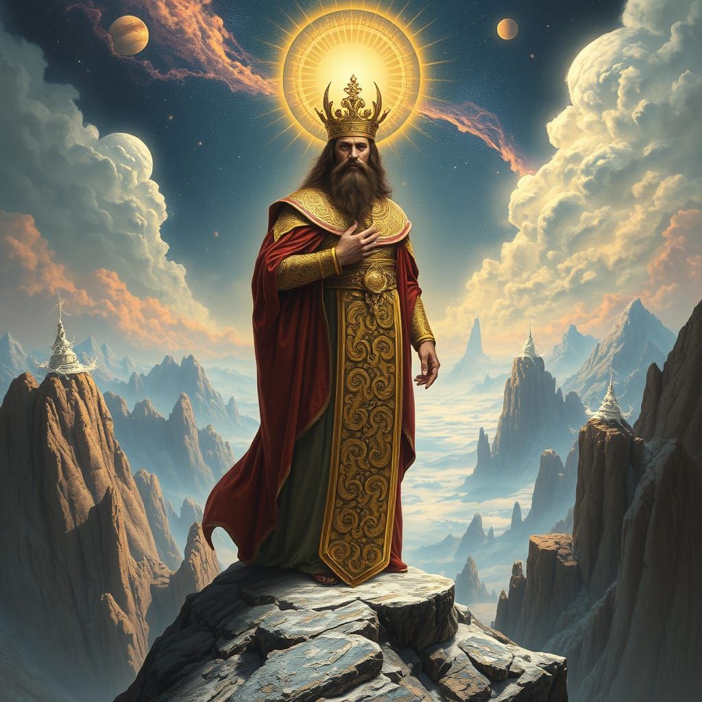 Majestic Figure Stands at Cosmic Precipice, Surrounded by Sw...