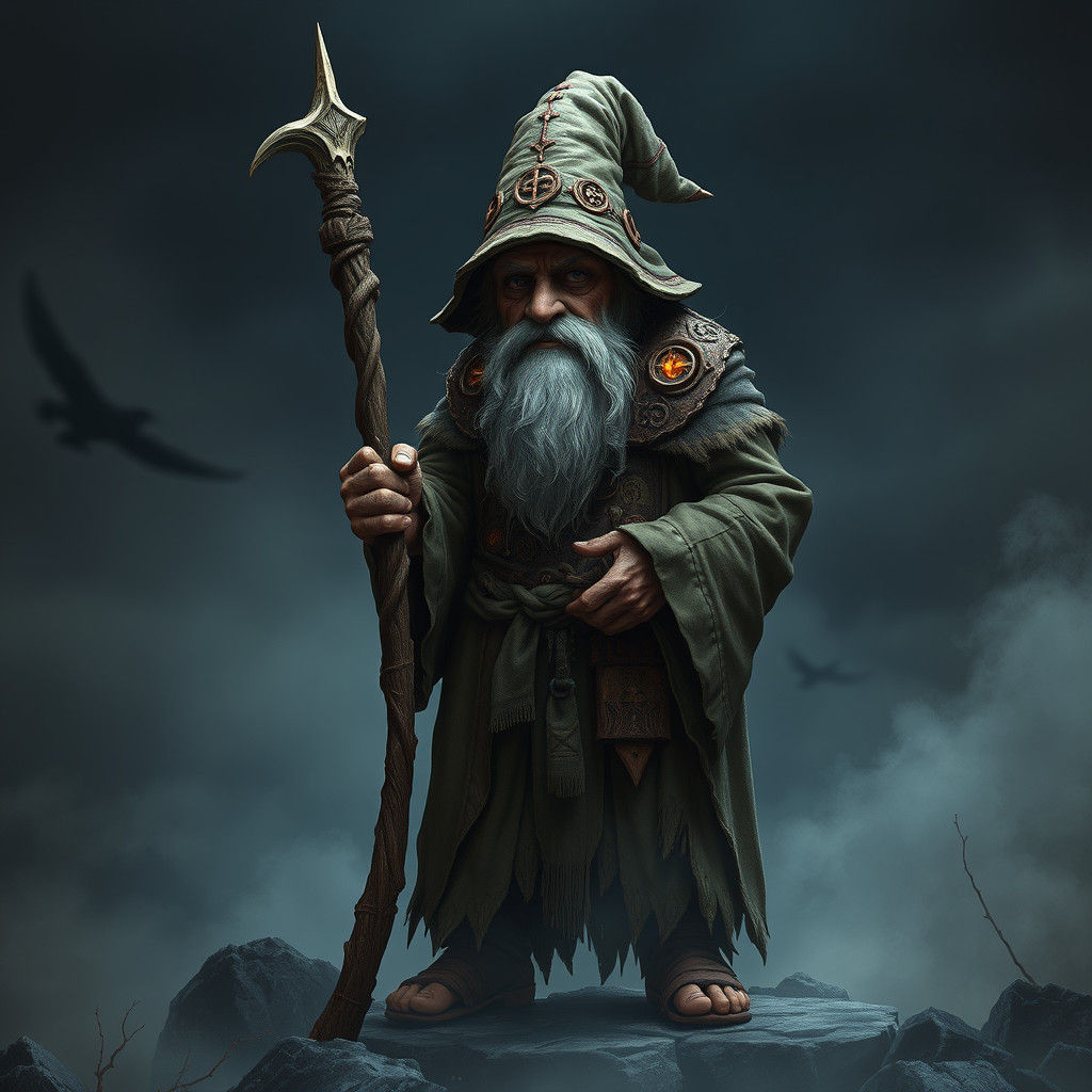 strong elderly night watch gnome,  grimdark fantasy art,full-body